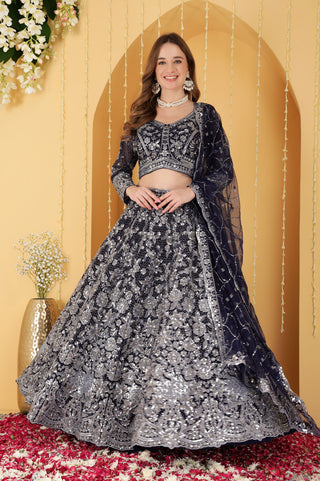 DEEP BLUE  DOUBLE NET HAND EMBROIDERED LEHENGA SET