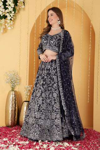 DEEP BLUE  DOUBLE NET HAND EMBROIDERED LEHENGA SET