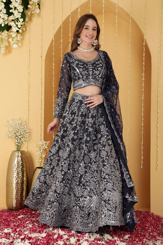DEEP BLUE  DOUBLE NET HAND EMBROIDERED LEHENGA SET