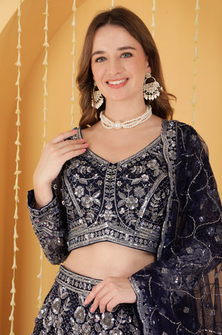 DEEP BLUE  DOUBLE NET HAND EMBROIDERED LEHENGA SET