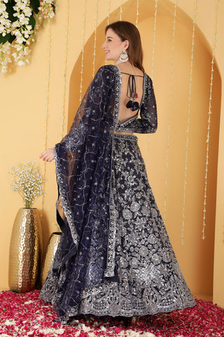 DEEP BLUE  DOUBLE NET HAND EMBROIDERED LEHENGA SET