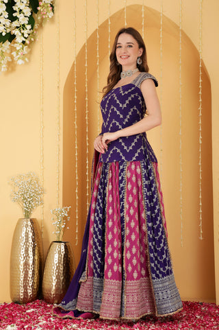 HOT PINK AND PURPLE DOUBLE COLOURED ZARI EMBROIDERED GEORGETTE LEHENGA SET