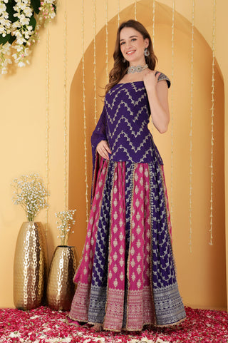 HOT PINK AND PURPLE DOUBLE COLOURED ZARI EMBROIDERED GEORGETTE LEHENGA SET