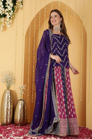 HOT PINK AND PURPLE DOUBLE COLOURED ZARI EMBROIDERED GEORGETTE LEHENGA SET