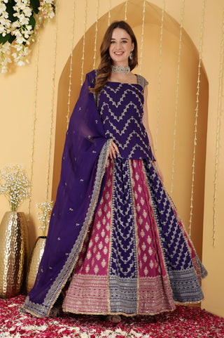 HOT PINK AND PURPLE DOUBLE COLOURED ZARI EMBROIDERED GEORGETTE LEHENGA SET