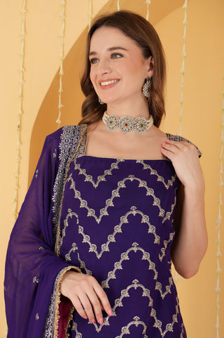 HOT PINK AND PURPLE DOUBLE COLOURED ZARI EMBROIDERED GEORGETTE LEHENGA SET