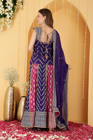 HOT PINK AND PURPLE DOUBLE COLOURED ZARI EMBROIDERED GEORGETTE LEHENGA SET