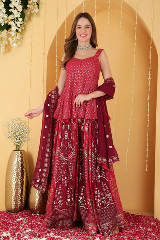 RANI PINK AND WINE GEORGETTE ZARI EMBROIDERED PEPLUM SHARARA SET