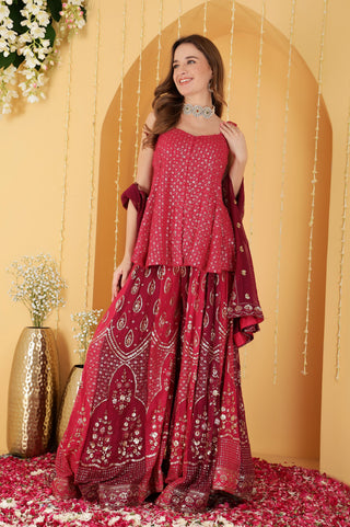 RANI PINK AND WINE GEORGETTE ZARI EMBROIDERED PEPLUM SHARARA SET