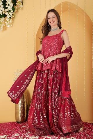 RANI PINK AND WINE GEORGETTE ZARI EMBROIDERED PEPLUM SHARARA SET