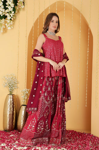 RANI PINK AND WINE GEORGETTE ZARI EMBROIDERED PEPLUM SHARARA SET