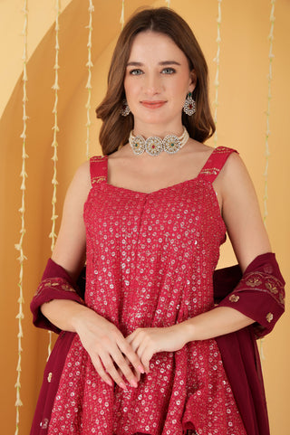 RANI PINK AND WINE GEORGETTE ZARI EMBROIDERED PEPLUM SHARARA SET
