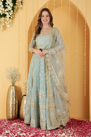 LIGHT TEAL GOTA PATTI WORK GEORGETTE LEHENGA SET