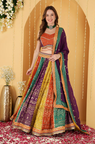 MULTICOLOURED ZARI AND SEQUINS  EMBROIDERED GEORGETTE  LEHENGA SET