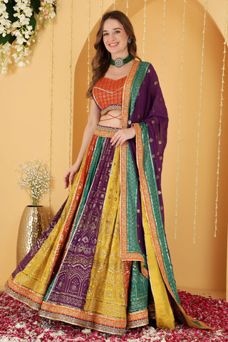 MULTICOLOURED ZARI AND SEQUINS  EMBROIDERED GEORGETTE  LEHENGA SET