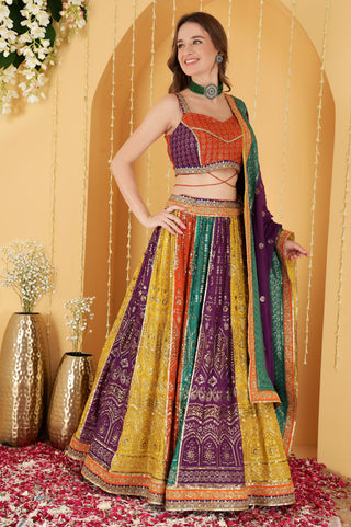 MULTICOLOURED ZARI AND SEQUINS  EMBROIDERED GEORGETTE  LEHENGA SET
