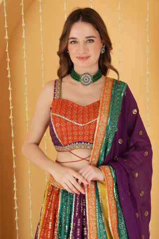 MULTICOLOURED ZARI AND SEQUINS  EMBROIDERED GEORGETTE  LEHENGA SET