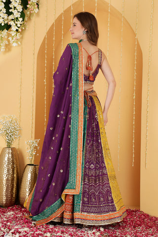 MULTICOLOURED ZARI AND SEQUINS  EMBROIDERED GEORGETTE  LEHENGA SET