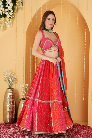 MULTICOLOURED  ZARI AND SEQUINS  EMBROIDERED GEORGETTE  LEHENGA SET