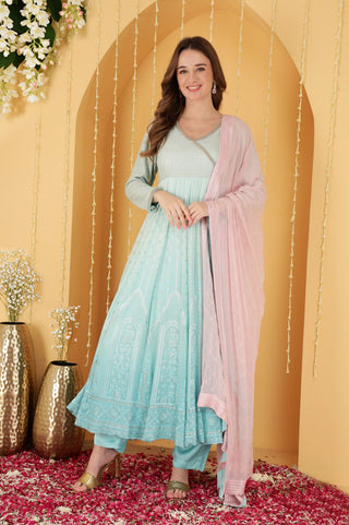 SEA GREEN  OMBRE HEAVY RESHAMWORK  GEORGETTE  ANARKALI SET