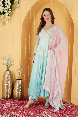 SEA GREEN  OMBRE HEAVY RESHAMWORK  GEORGETTE  ANARKALI SET