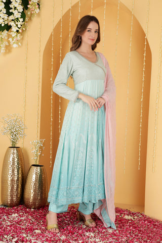 SEA GREEN  OMBRE HEAVY RESHAMWORK  GEORGETTE  ANARKALI SET