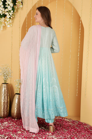 SEA GREEN  OMBRE HEAVY RESHAMWORK  GEORGETTE  ANARKALI SET