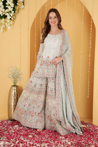 POWDER BLUE CHINON CHIFFON THREAD AND BADLA WORK SHARARA SET