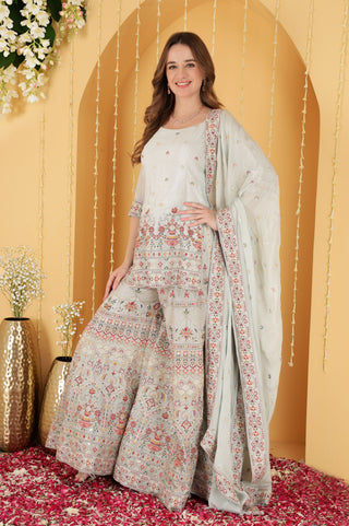 POWDER BLUE CHINON CHIFFON THREAD AND BADLA WORK SHARARA SET