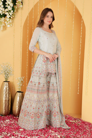 POWDER BLUE CHINON CHIFFON THREAD AND BADLA WORK SHARARA SET