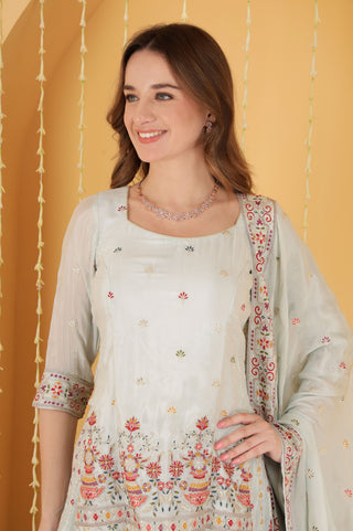 POWDER BLUE CHINON CHIFFON THREAD AND BADLA WORK SHARARA SET