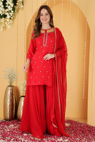 RED VISCOSE DUPION SILK GOTA PATTI AND KNOTS WORK SHARARA SET