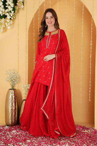 RED VISCOSE DUPION SILK GOTA PATTI AND KNOTS WORK SHARARA SET