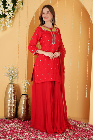 RED VISCOSE DUPION SILK GOTA PATTI AND KNOTS WORK SHARARA SET