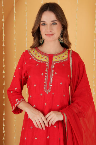 RED VISCOSE DUPION SILK GOTA PATTI AND KNOTS WORK SHARARA SET