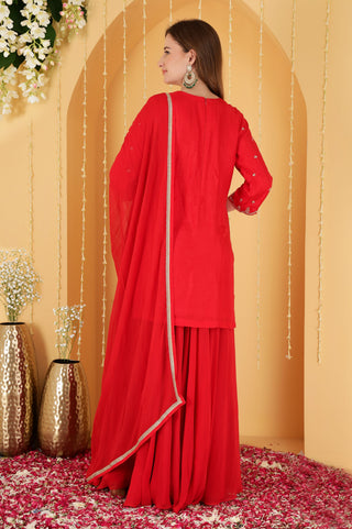 RED VISCOSE DUPION SILK GOTA PATTI AND KNOTS WORK SHARARA SET