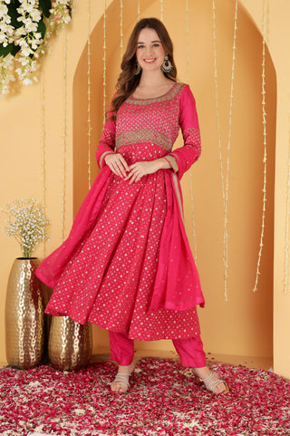 HOT PINK DABKA WORK CHANDERI BROCADE ANARKALI SET