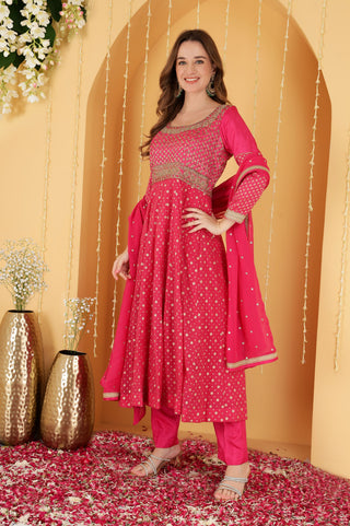 HOT PINK DABKA WORK CHANDERI BROCADE ANARKALI SET