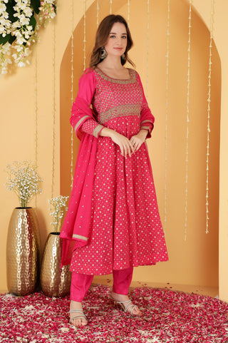 HOT PINK DABKA WORK CHANDERI BROCADE ANARKALI SET