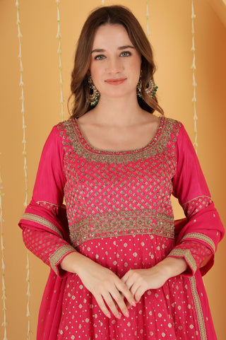 HOT PINK DABKA WORK CHANDERI BROCADE ANARKALI SET