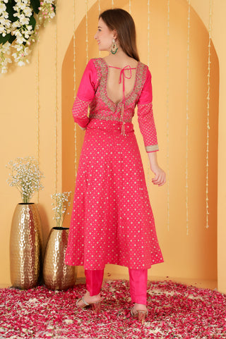 HOT PINK DABKA WORK CHANDERI BROCADE ANARKALI SET
