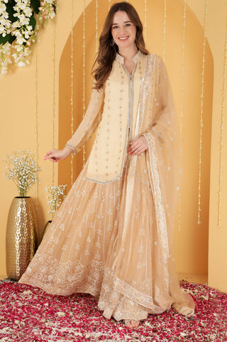 LIGHT BEIGE CUTDANA , SEQUINS , BEADWORK DOUBLE NET SHARARA SET