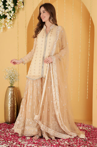 LIGHT BEIGE CUTDANA , SEQUINS , BEADWORK DOUBLE NET SHARARA SET