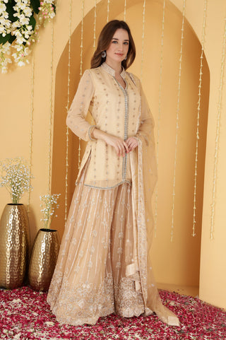LIGHT BEIGE CUTDANA , SEQUINS , BEADWORK DOUBLE NET SHARARA SET