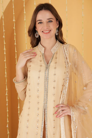 LIGHT BEIGE CUTDANA , SEQUINS , BEADWORK DOUBLE NET SHARARA SET