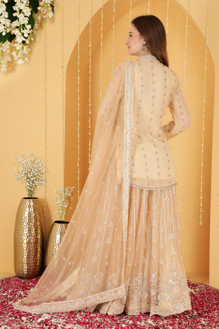 LIGHT BEIGE CUTDANA , SEQUINS , BEADWORK DOUBLE NET SHARARA SET