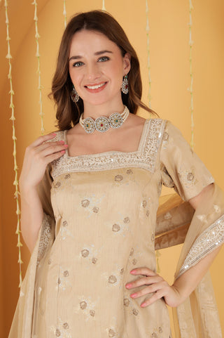 LIGHT FAWN CUTDANA , SEQUINS , BEADWORK DOUBLE NET SHARARA SET