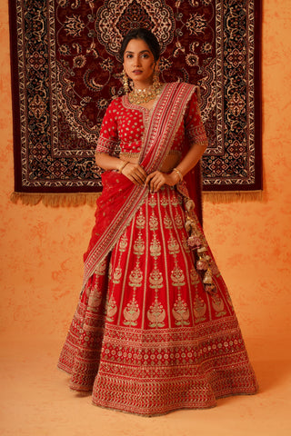 RED VISCOSE DUPION SILK HEAVY HAND EMBROIDERED LEHENGA SET