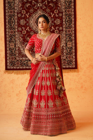 RED VISCOSE DUPION SILK HEAVY HAND EMBROIDERED LEHENGA SET