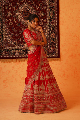 RED VISCOSE DUPION SILK HEAVY HAND EMBROIDERED LEHENGA SET